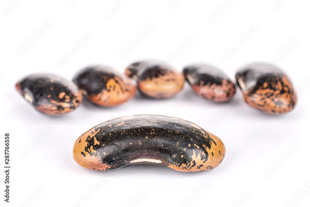 Group of six whole stained purple bean isolated on white background Group of six whole stained purple bean isolated on white background