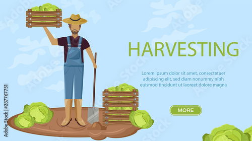 Man harvesting Vector flat style. Autumn fall season agriculture brochure tem...