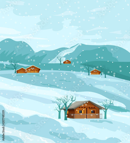 Countryside winter nature Vector flat styles rustic houses