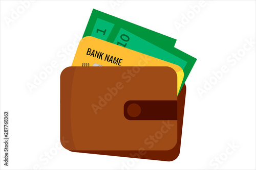 Wallets or Purse with cash and credit card. Business and finance symbol. Vector illustration in cartoon style. Isolated on white background