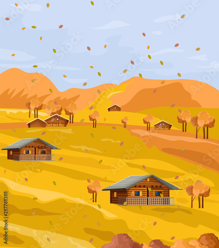 Countryside autumn fields Vector flat style. Rustic houses fall seasons