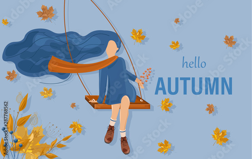 Girl in a swing autumn card Vector flat style. Fall season posters