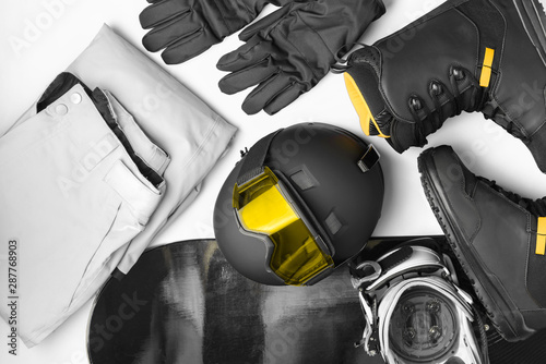 Canvas Print Set of protective accessories and clothing for snowboarding, mask glasses,helmet