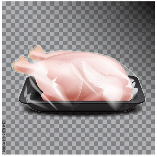 Fresh whole chicken in tray packing. Vector illustration of Realistic mockup of hen meat sales plastic package. Side view