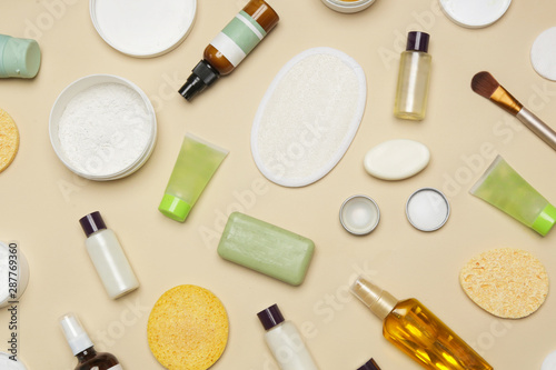 Natural organic cosmetic flat lay. Home spa concept. Skin, body and hair care products.