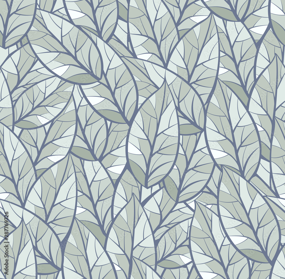 Abstract seamless vector pattern of leaves. Winter theme. Gray, blue, light green and white colors