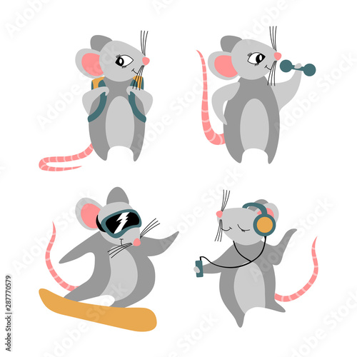 Collection of cute rats isolated on white background. Funny cartoon animals in different situations. Flat vector illustration.