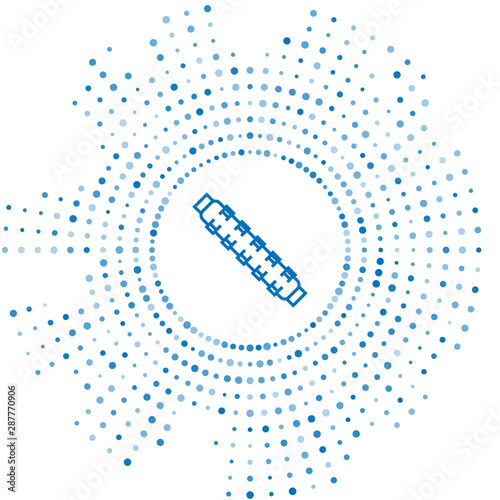 Blue line Hunting cartridge belt with cartridges icon isolated on white background. Bandolier sign. Hunter equipment, armament. Abstract circle random dots. Vector Illustration