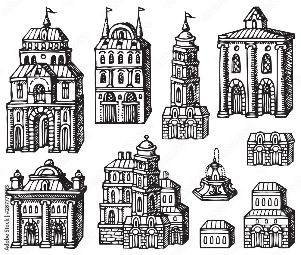 Set of hand drawn houses, old style building facades. Old houses, city buildings, doodle decorative elements collection. Outline black and white vector illustration. Coloring for children and adults.