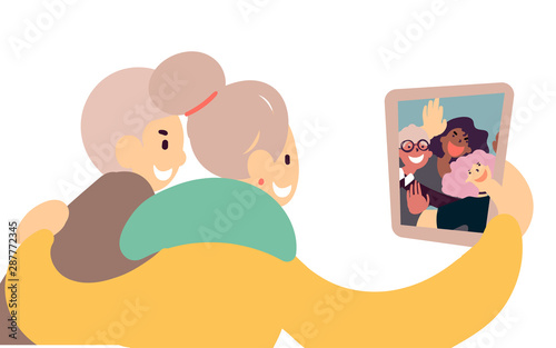 Flat style cartoon cute character group, elderly couple using tablet to communicate with grandkid and parents in group chat, happy active lifestyle, technology use. Hand drawn vector illustration.