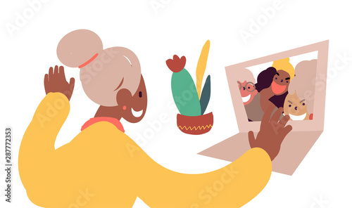 Flat style cartoon cute character group, elderly woman using laptop to communicate with grandkid and relatives in group chat, happy active lifestyle, technology use. Hand drawn vector illustration.