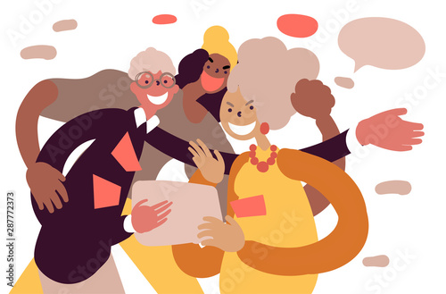 Flat style cartoon cute character group, elderly couple with grandkid using tablet to communicate together, happy active lifestyle, technology use. Hand drawn vector illustration.