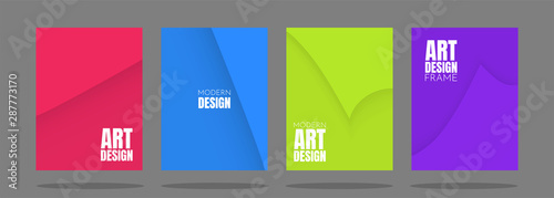 Vector minimalistic covers in simple geometric style. Shadow effect of page flipping. Red, blue, green and purple colored backgrounds. A set of A4 templates with free space for text. Modern design