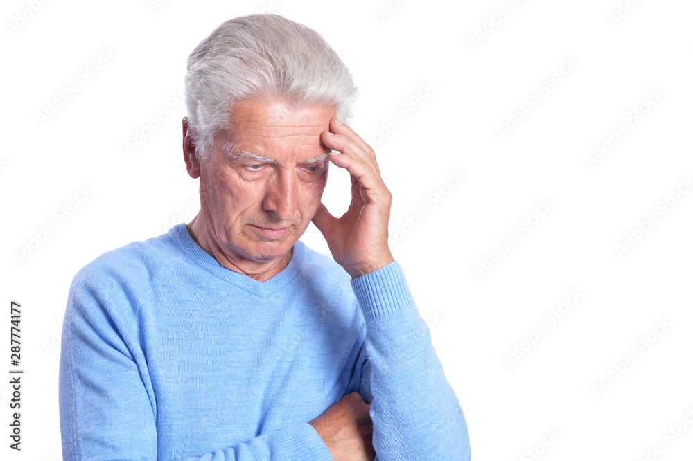 Thoughtful senior man posing on white background Thoughtful senior man posing on white background