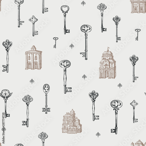 Vector seamless pattern with vintage keys and old buildings in retro style. Hand drawn illustrations on the light background. Wallpaper, wrapping paper, fabric, textile