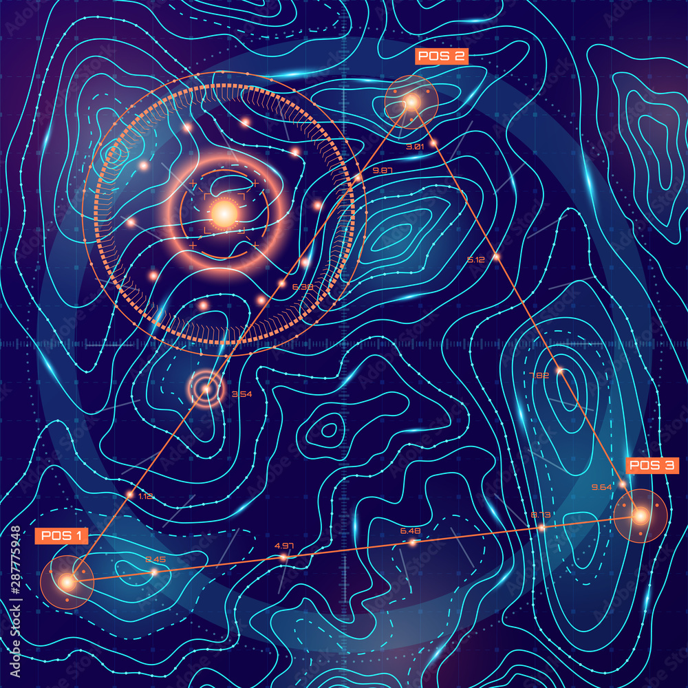Topographic contour map with markers futuristic user interface search