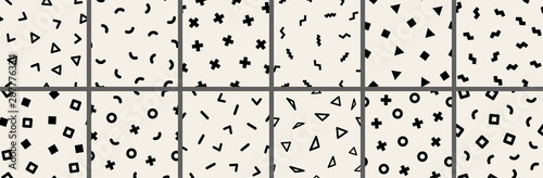 Set of 12 seamless patterns with geometric elements. Pattern in hipster memphis style. Pattern is suitable for posters, postcards, fabric or wrapping paper
