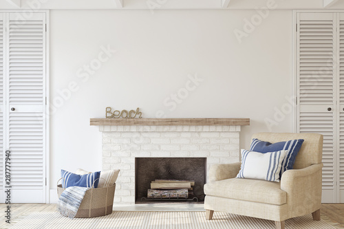 Interior with fireplace. 3d render.
