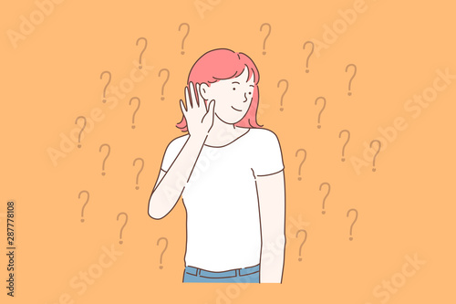 Curiosity, gossip, deafness concept. Young woman overhears the latest news with great interest. Interested student girl listens to the answer or hint. Simple flat vector.