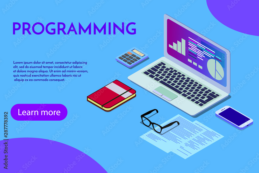 Programming concept, web engineer at work, vector images. Programmer programming web site landing page template. Isometric people, vector design. EPS