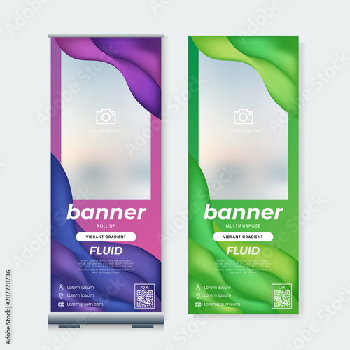 Set of roll up banner template design vector. Wavy fluid gradient abstract background.