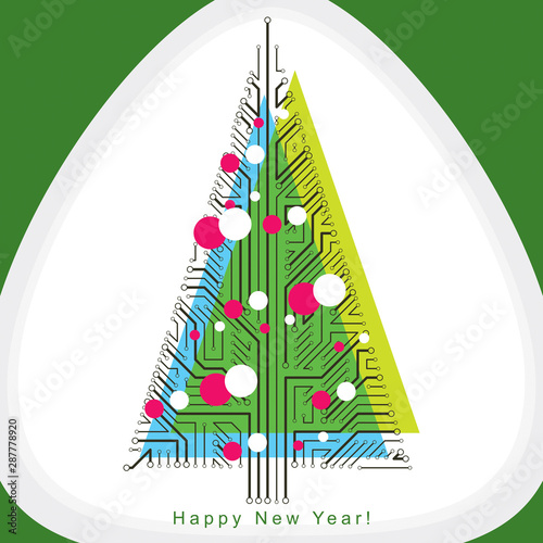 Vector illustration of evergreen Christmas tree created with wireframe and connected lines as branches. Celebration theme. Eco friendly technology concept.