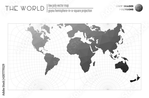 Vector map of the world. Guyou hemisphere-in-a-square projection of the world. Grey Shades colored polygons. Neat vector illustration.