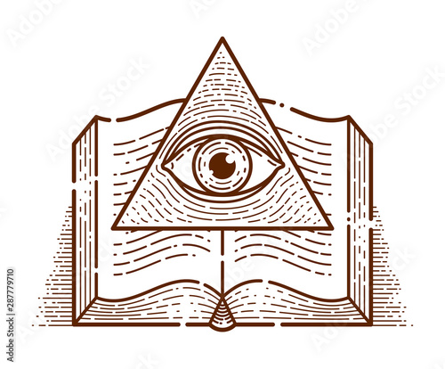 Secret knowledge vintage open book with all seeing eye of god in sacred geometry triangle, insight and enlightenment, masonry or illuminati symbol, vector logo or emblem design element.