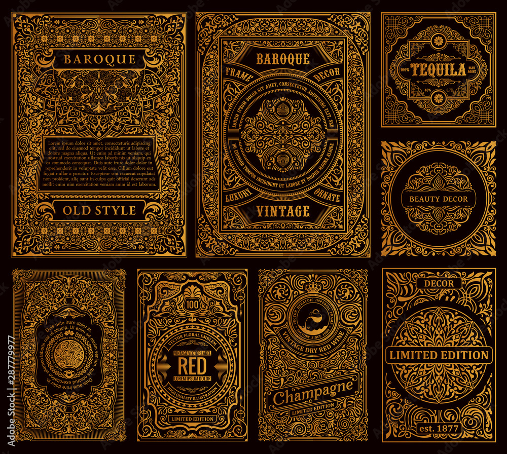 Vintage set retro cards. Template greeting card wedding invitation. Line calligraphic frames