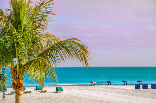 Fototapeta Naklejka Na Ścianę i Meble -  An endless deserted beach with palm trees and white sand and a number of lounge chairs for relaxation. paradise vacation. Florida. USA.