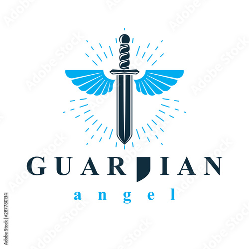 Vector graphic illustration of sword composed with bird wings, war and freedom metaphor symbol. Guardian angel vector abstract emblem.