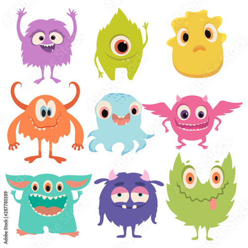 Set of cartoon monsters. Collection of happy monsters. Illustration for children. Mythical animals. Mutants. Vector art.