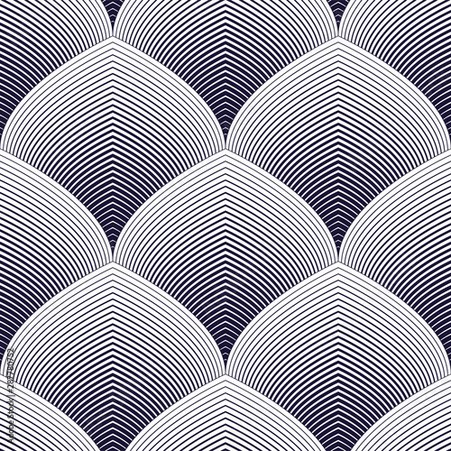Geometric seamless pattern, abstract tiling background, vector repeat endless wallpaper illustration. Roof tiling or fish squama shapes motif. Single color, black and white. 