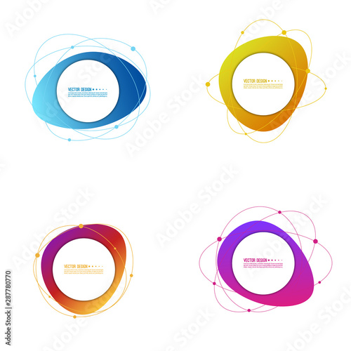 Collection of abstract geometric shapes with orbits particles and molecules. Set of vector gradient banners.