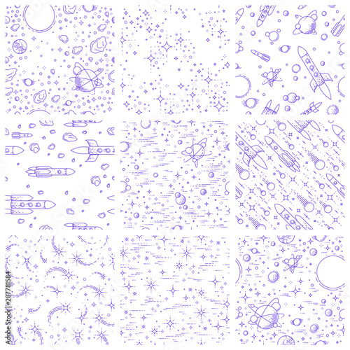 Set of seamless space backgrounds with rockets, planets, asteroids, comets, meteors and stars, undiscovered deep cosmos fantastic textiles fabric for children, endless tiling pattern, vector.
