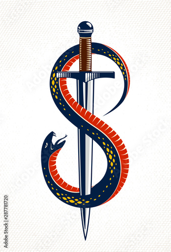 Dagger kills a Snake, defeated Serpent wraps around a sword vector vintage tattoo, Life is a Fight concept, allegorical logo or emblem of ancient symbol.