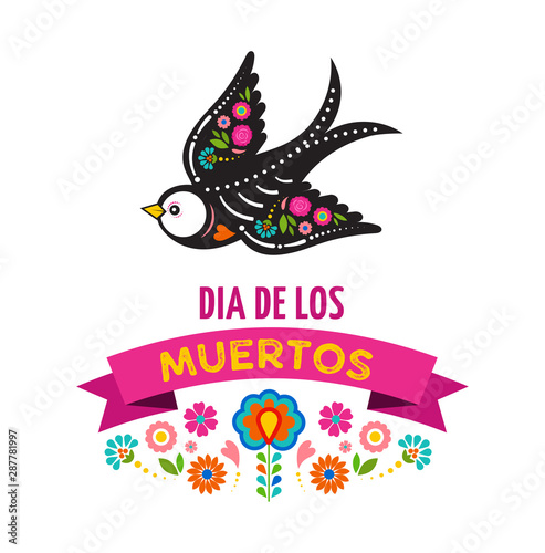 Day of the dead, Dia de los muertos, birds skulls and skeleton decorated with colorful Mexican elements and flowers. Fiesta, Halloween, holiday poster, party flyer. Vector illustration