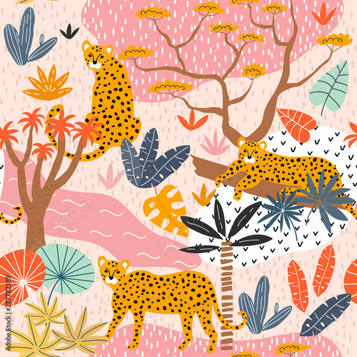 Seamless pattern with leopards and tropical landscape. Creative jungle childish texture. Great for fabric, textile, wallpaper. Vector Illustration.