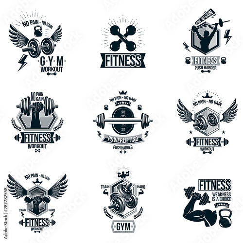 Set of vector cross fit and fitness theme emblems and motivational posters created with dumbbells, barbells, kettle bells sport equipment and muscular athlete body silhouettes.