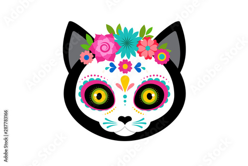 Day of the dead, Dia de los moertos, cute cat head skull and skeleton decorated with colorful Mexican elements and flowers. Fiesta, Halloween, holiday poster, party flyer. Vector illustration