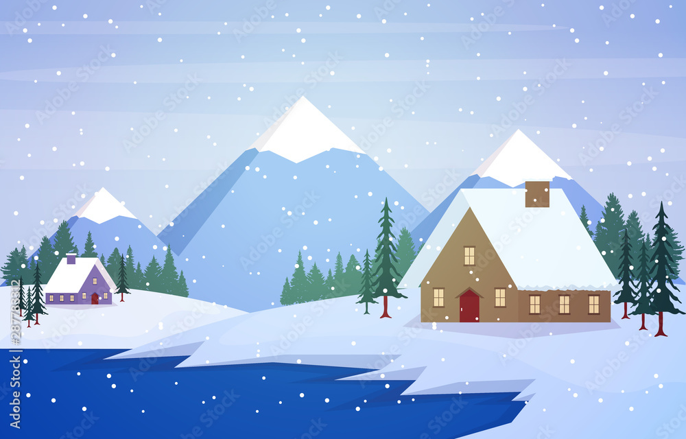 Winter Scene Snow Landscape with Pine Trees Mountain Vector Illustration