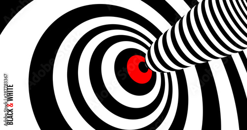 Target hit in the center. Black and white design with optical illusion. Abstract striped background. Vector illustration.