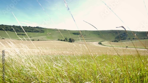 The South Downs countryside, England. Low angle, 4K video footage of an English summer landscape over the South Downs with the hill figure, The Long Man of Wilmington, visible in the distance.