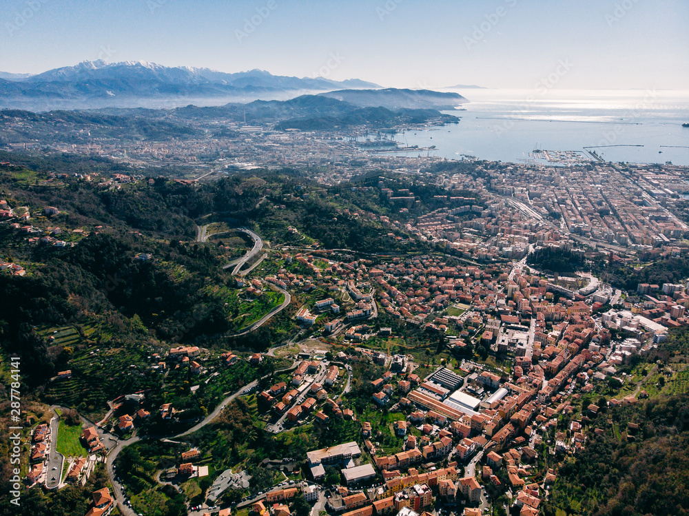Aerial top view city Spezia Italy panorama