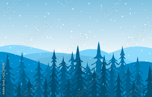 Winter Scene Snow Landscape with Pine Trees Mountain Vector Illustration