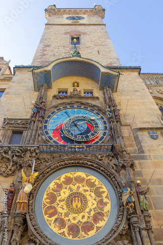 Prague medieval astronomical clock (Orloj) on Old Town Hall tower, Prague, Czech republic