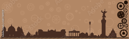 Berlin vintage skyline frame, vector banner background cogs, gears, sign menu wheel, old retro, steampunk logo