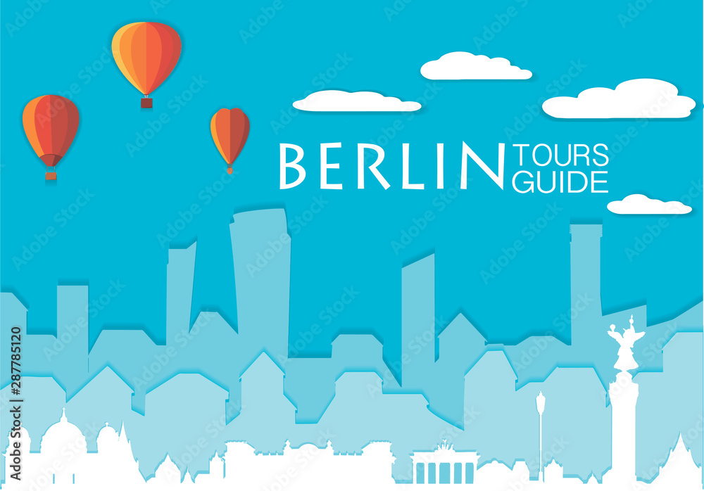 Obraz premium Berlin silhouette, vector skyline illustration. Clouds, balloons, bridge, collage icon, city panorama river