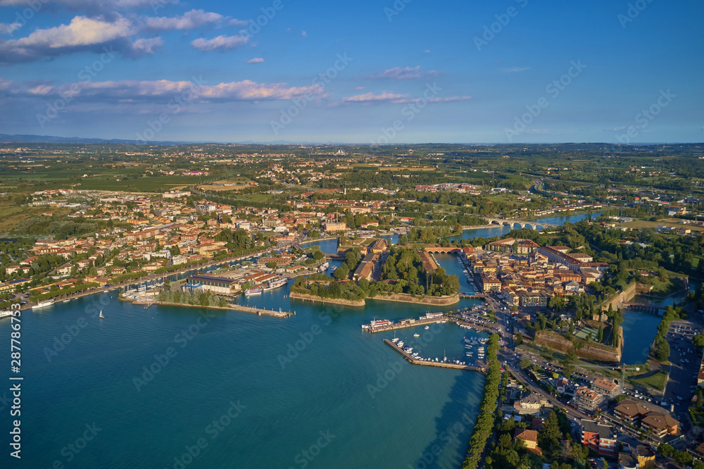 Beautiful view of the city of Peschiera del Garda, Italy. Aerial photography with drone.