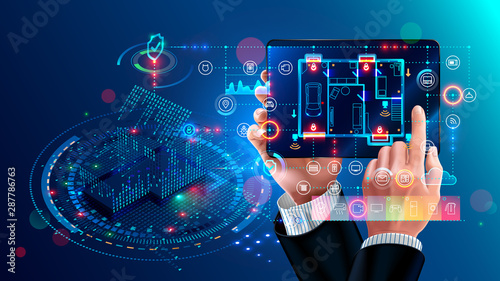 Smart home system concept. tablet controls domestics appliances via internet of things applications. Abstract Digital House connection with mobile device. Home electronics automation, security, iot.